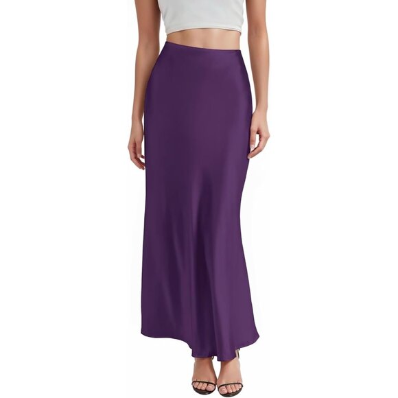 Women's Purple Silky Satin Fabric Stretch High Waist Casual Pull On Maxi Skirt